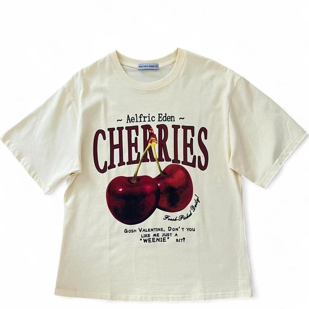 Aelfric Eden Cream Graphic 'Cherries' Short Sleeve Tee with Red Cherry Print